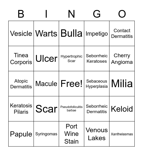 Skin Disorders Bingo Card