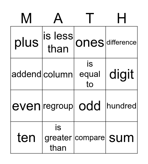 Math Vocabulary Bingo Card