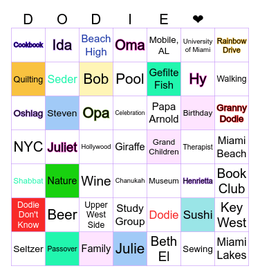 Dodie's Birthday Celebration Bingo Card