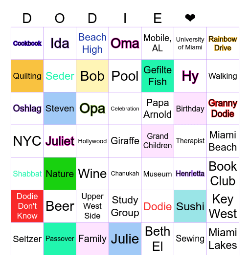 Dodie's Birthday Celebration Bingo Card