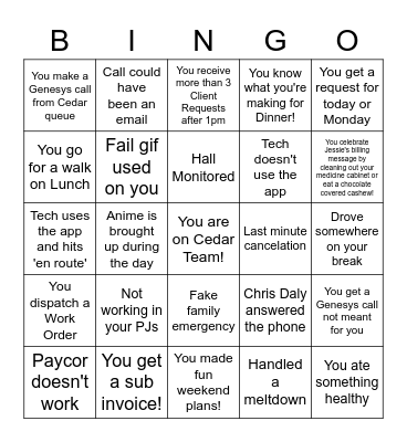 Friday Fun Day Bingo Card