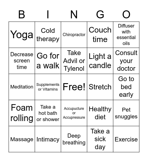 Stretch Those Pains Away VINGO Bingo Card