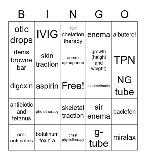 Treatments Bingo Card