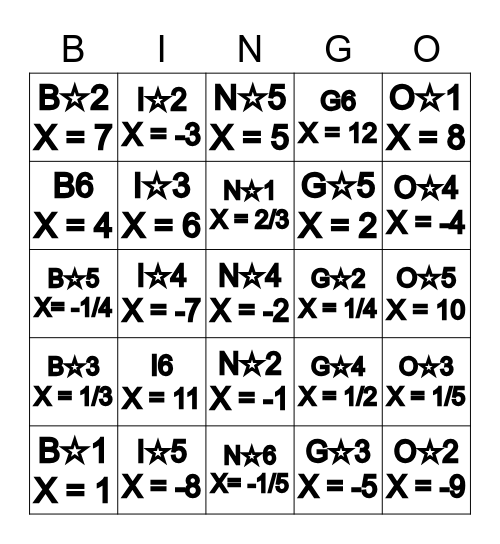 Solve by Factoring Bingo Card