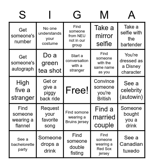 Sigma Senior Bar Crawl Bingo Card