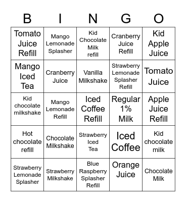 Beverage Sales Bingo Card