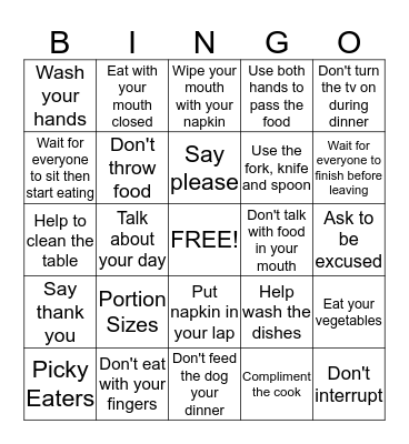 Family Mealtime Bingo Card