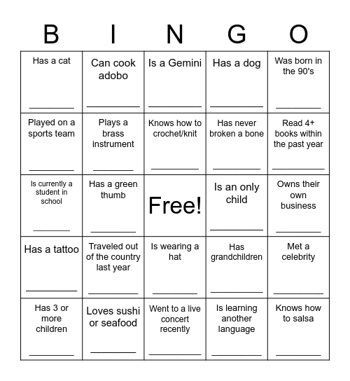 Get To Know Our Guests! Bingo Card