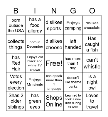 Getting to Know you Bingo Card