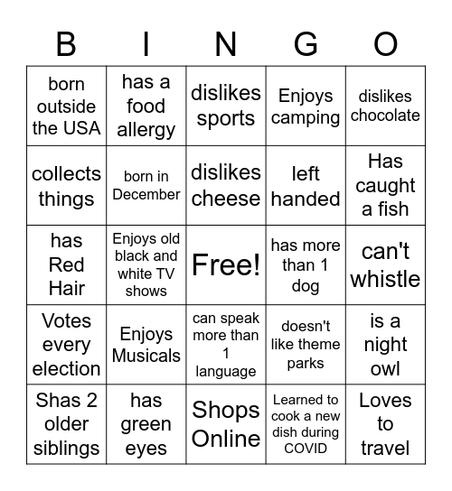 Getting to Know you Bingo Card