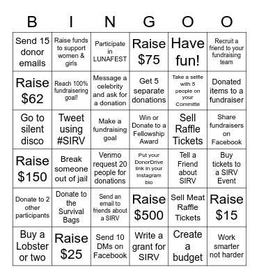 SIRV Fundraising Bingo 2023 Bingo Card