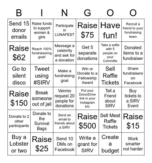 SIRV Fundraising Bingo 2023 Bingo Card