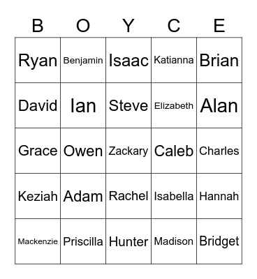Boyce College Graduation Name Bingo Card