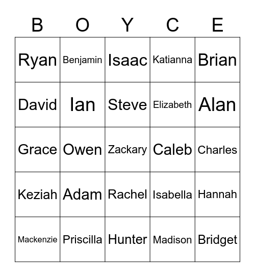 Boyce College Graduation Name Bingo Card