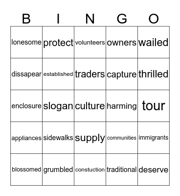 Treasures Unit 2 Vocabulary Bingo Card