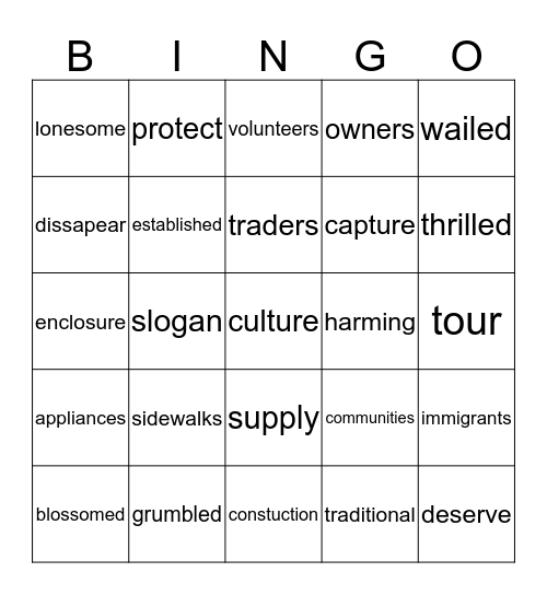 Treasures Unit 2 Vocabulary Bingo Card