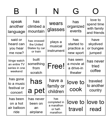 Getting to know you - Team Building Bingo Card