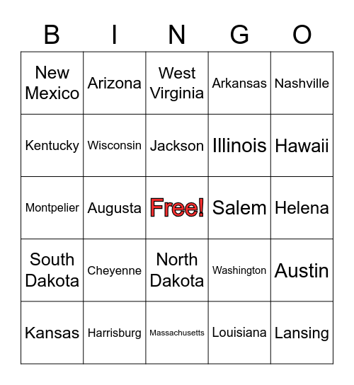 States & Capitals Bingo Card