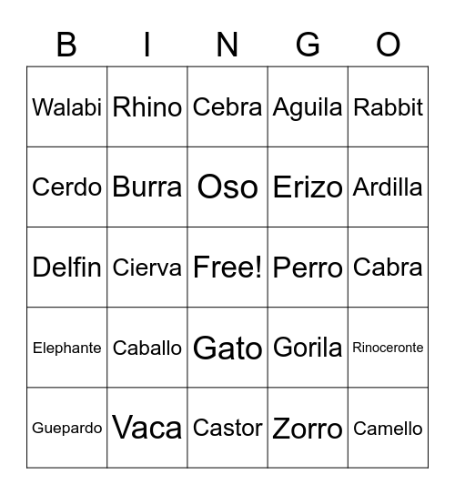 Animals Bingo Card