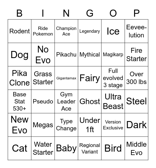 Randomized Pokemon Bingo Card