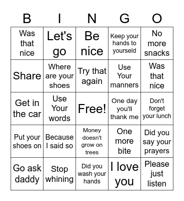 Things mom's say Bingo Card