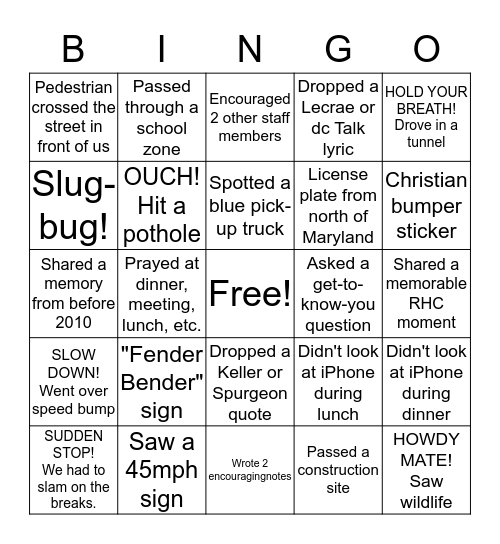 Road Trip Bingo Card