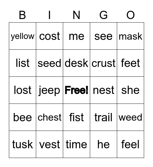 Week 10 Word list Bingo Card