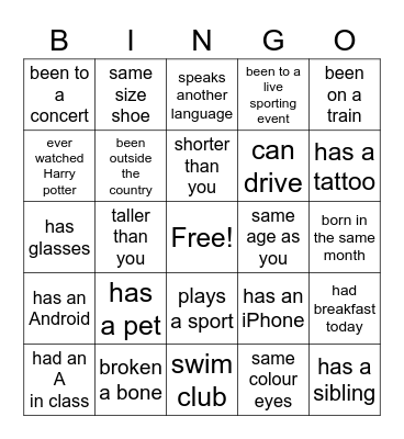 Getting to Know You! Bingo Card