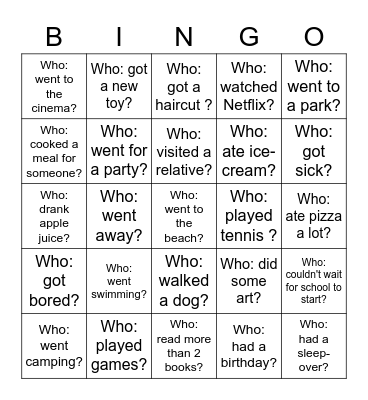 Back-to-School Bingo - What did you do over the holiday? Bingo Card