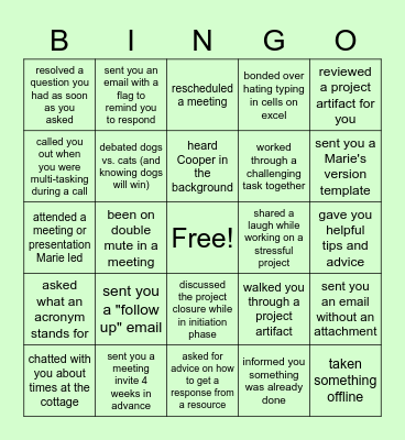 The Marie Version Bingo Card