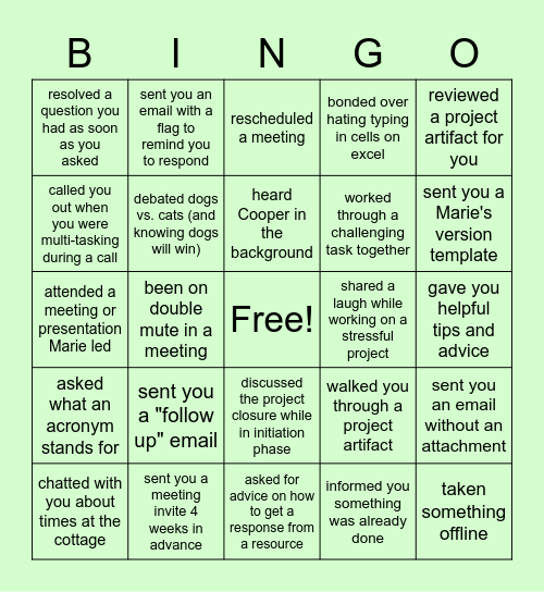 The Marie Version Bingo Card