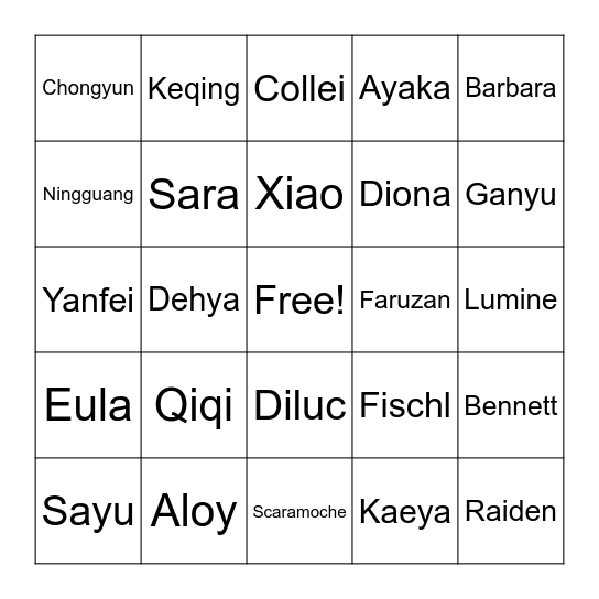 Ronn Bumble's Genshin  Cosplay Bingo Card