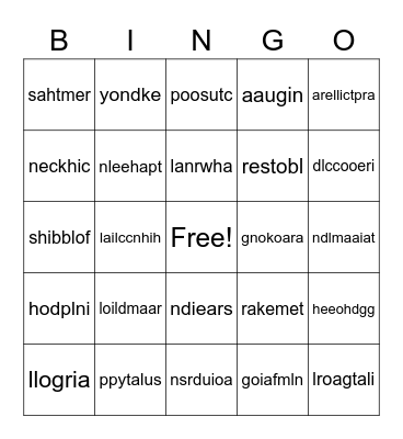 Animal Scrambler Bingo Card
