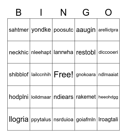 Animal Scrambler Bingo Card