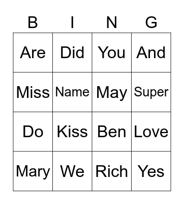 P1 English bingo Card