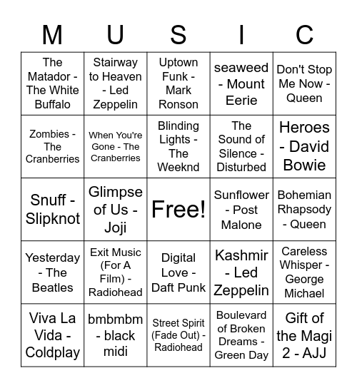 MUSICL BINGO Card