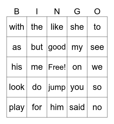 K Sight Words Bingo Card