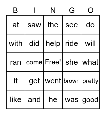 Sight Words Bingo Card