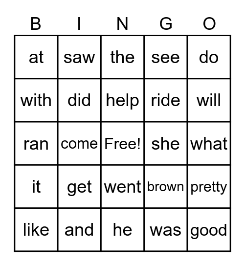 Sight Words Bingo Card