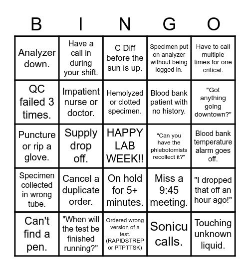 Lab Tech Bingo Card