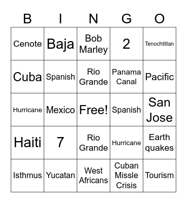 Caribbean/Central America/Mexico Bingo Card