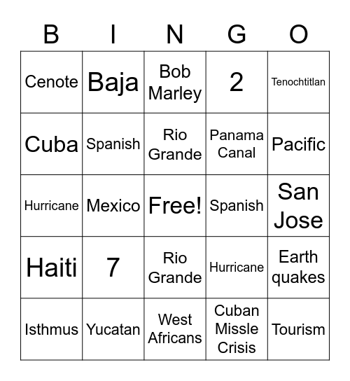 Caribbean/Central America/Mexico Bingo Card