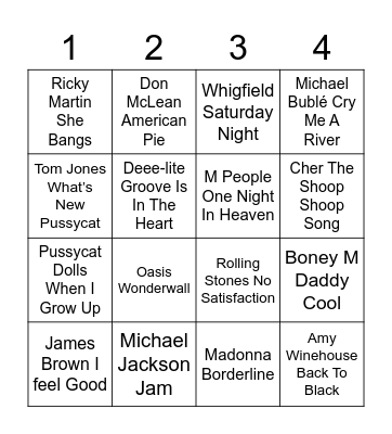 Rock & Roll Bingo Card