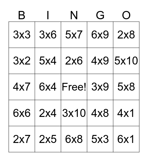 Multiplication Bingo Card