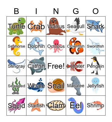 Sea Animals Bingo Card
