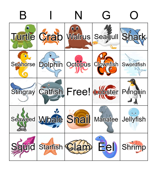 Sea Animals Bingo Card