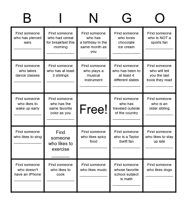 Find a Friend Bingo Card