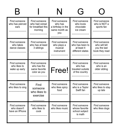 Find a Friend Bingo Card