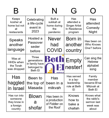 Beth El Jewish Geography Bingo Card