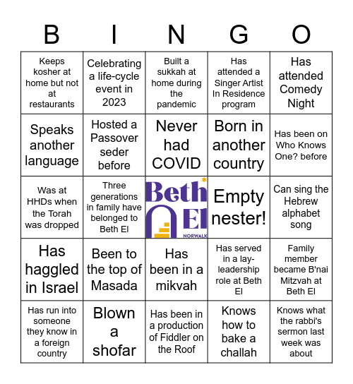 Beth El Jewish Geography Bingo Card